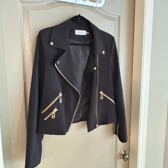 Calvin Klein Black Moto Jacket Size 10 | Gold Zipper Detail Y2K Chic - Picture 2 of 12